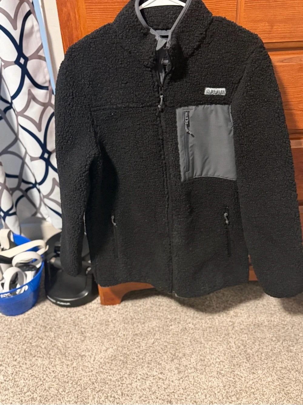 Magellan Outdoors Men’s Black Sherpa Puffer Jacket with Gray Chest Pocket